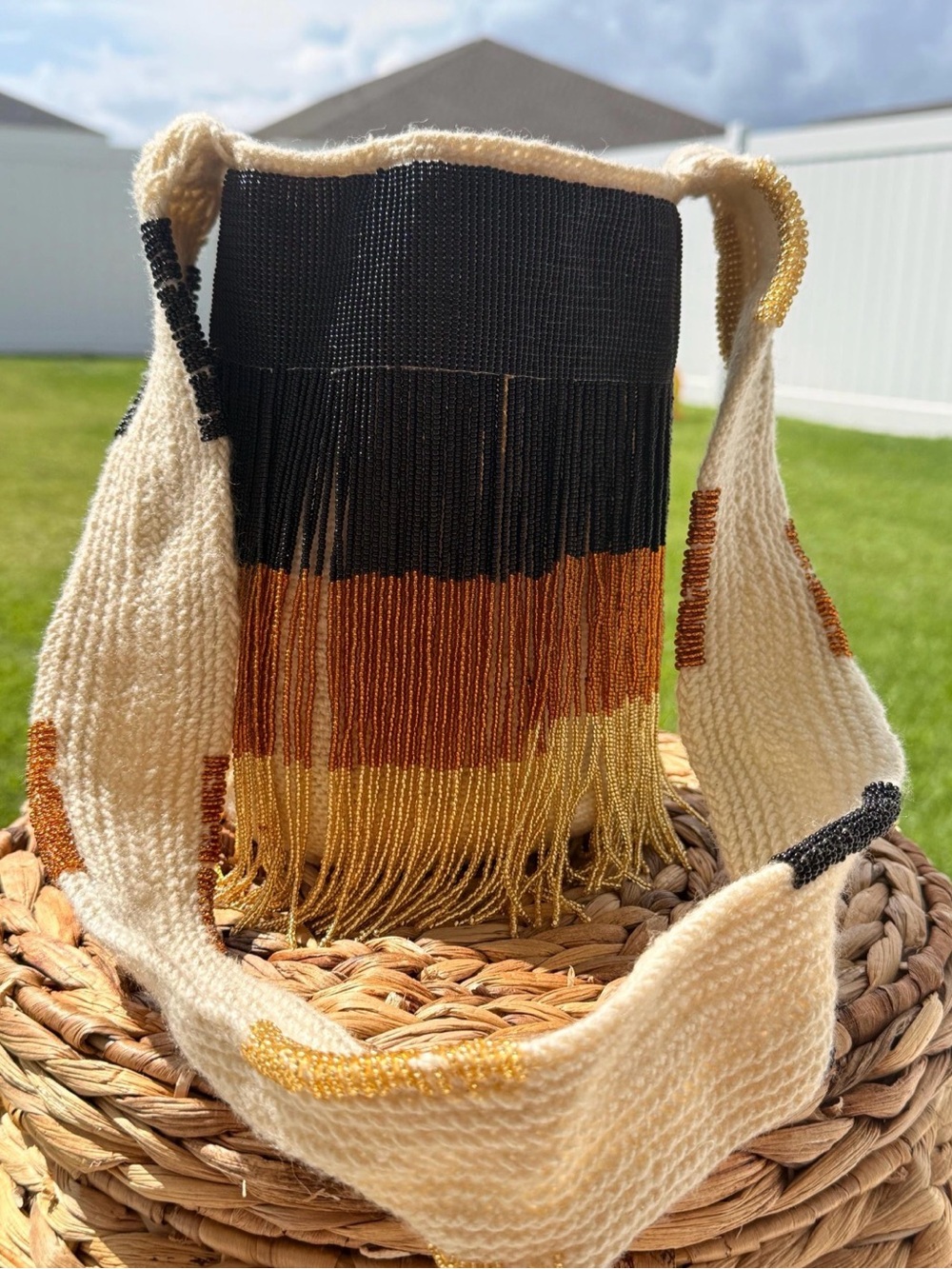 Wayuu Tribe Handwoven Fringe Crossbody Bag in Black, Brown & Cream